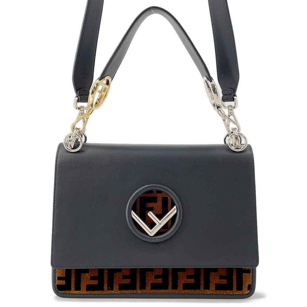 Fendi Shoulder Bag Kanai F Leather Velvet Zucca Handbag Black